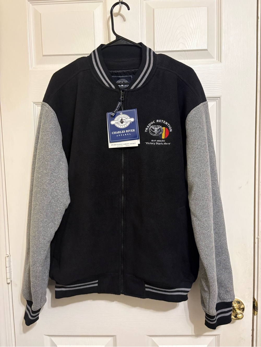 Charles River Apparel “Victory Starts Here” Black Fleece Varsity Jacket